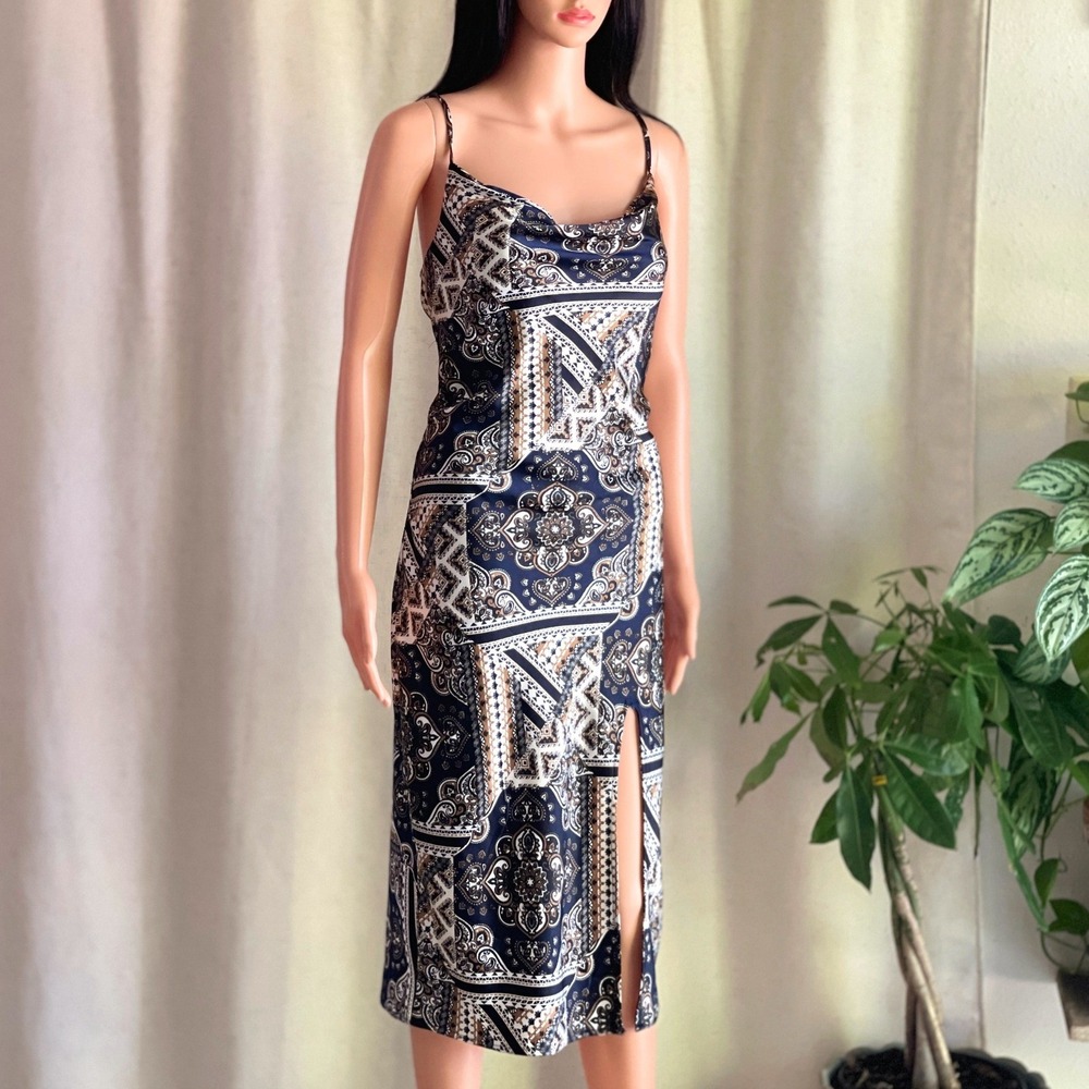 J for Justify Navy Paisley Bandana Print Cowl Neck Midi Slip Dress Side Slit S